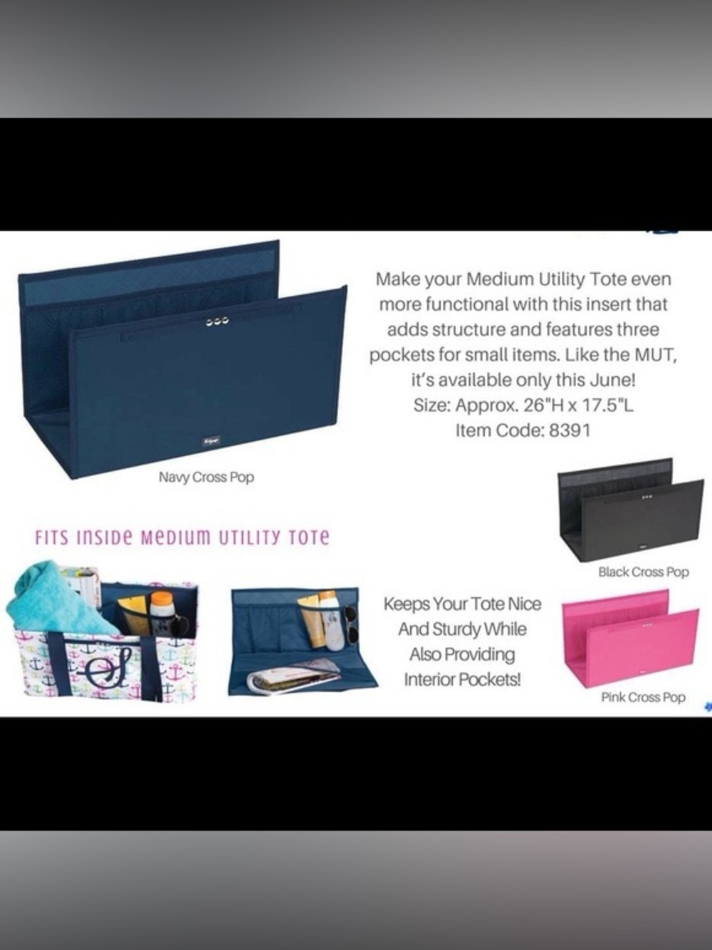 Thirty One Medium Stand Tall Insert Pink Cross Pop New Tote Bag Organizer NIB - Picture 7 of 9